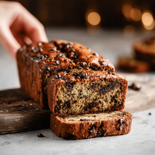 Loaf of chocolate chip banana bread sliced on a wooden board