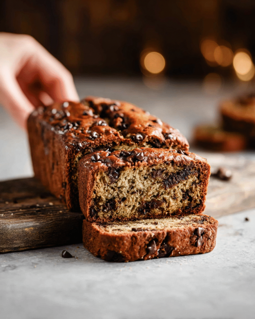 Loaf of chocolate chip banana bread sliced on a wooden board