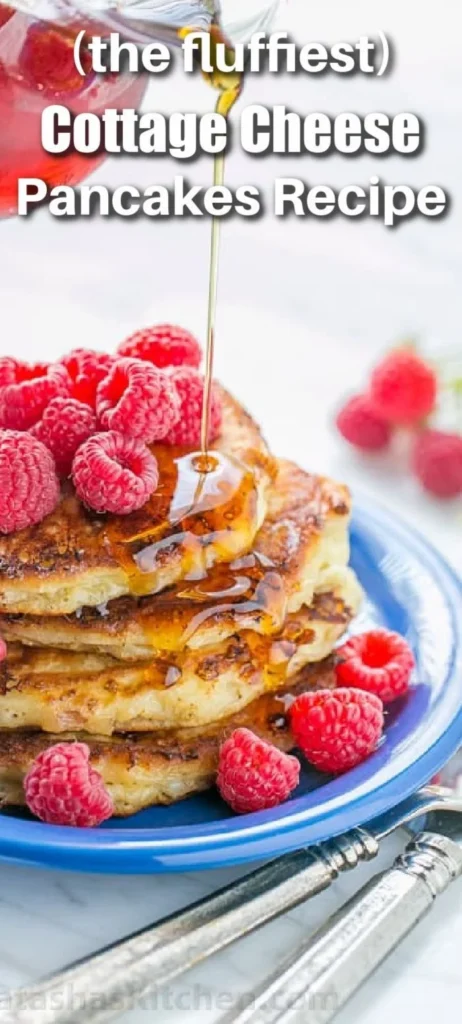 Fluffy cottage cheese pancakes served with fresh berries and maple syrup