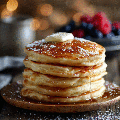 Fluffy cottage cheese pancakes served with fresh berries and maple syrup