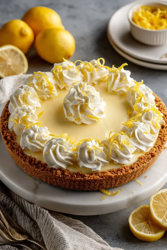 Cream Cheese Lemonade Pie topped with whipped cream and lemon zest