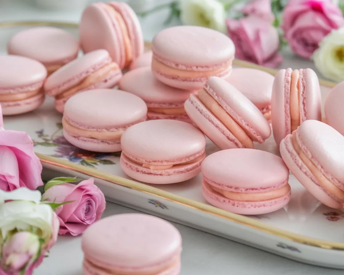 Delicious homemade French macarons on a decorative plate.