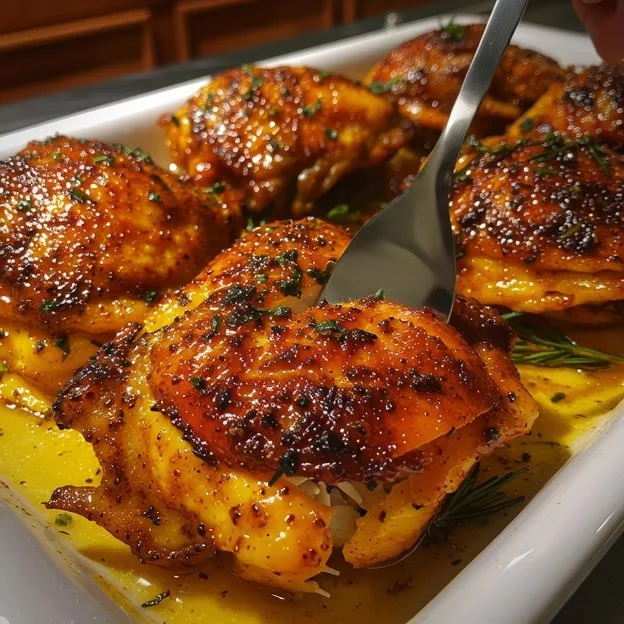 Lemon Paprika Roast Chicken Thighs ready to serve on a plate