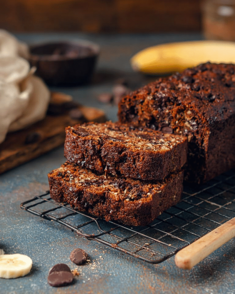 Slices of chocolate protein banana bread topped with chocolate chips