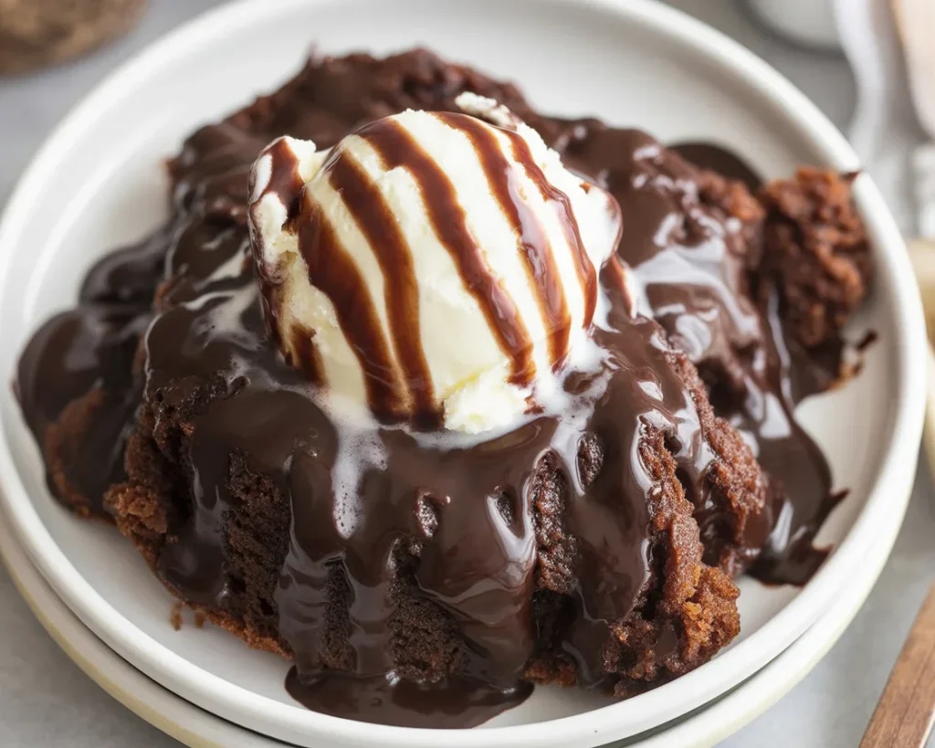 Delicious chocolate cobbler dessert with a fudgy texture and rich chocolate sauce.