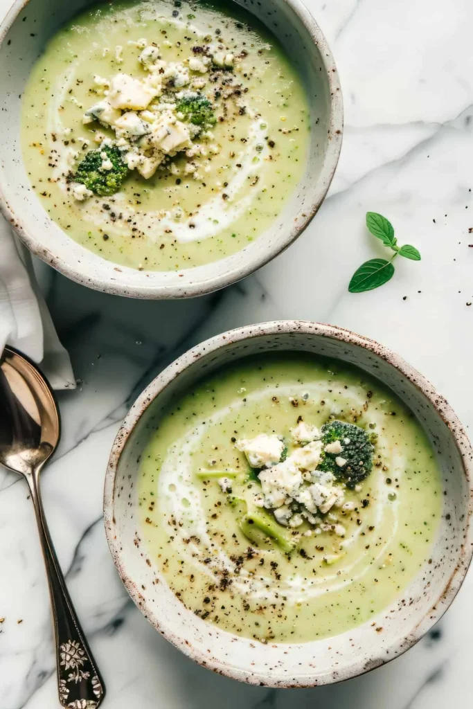 Delicious homemade broccoli stilton soup served in a bowl