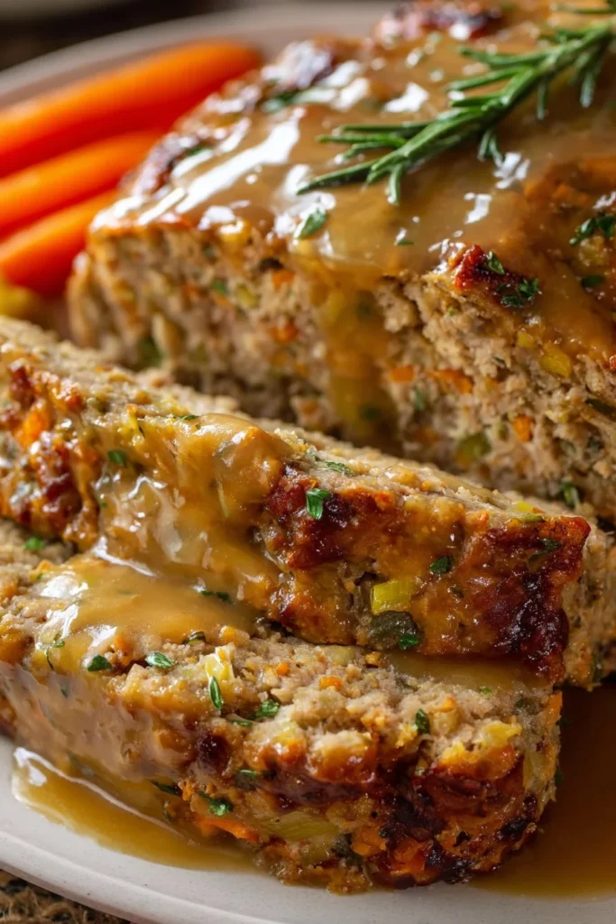 Delicious Turkey Stuffing Meatloaf served with a side of vegetables