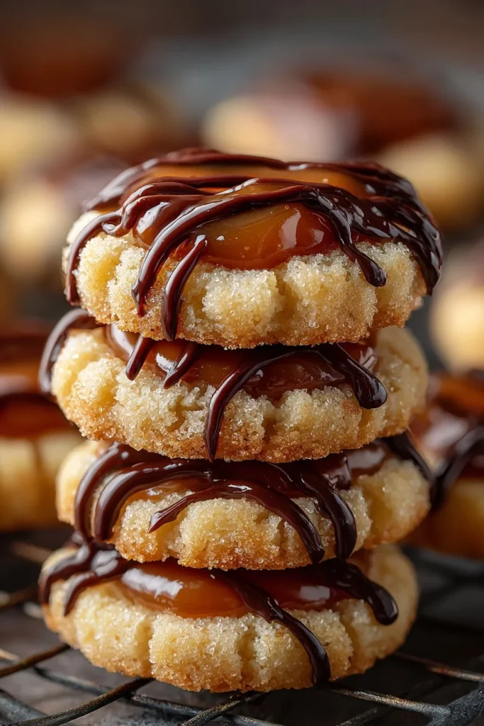 Delicious Twix thumbprint cookies topped with caramel and chocolate