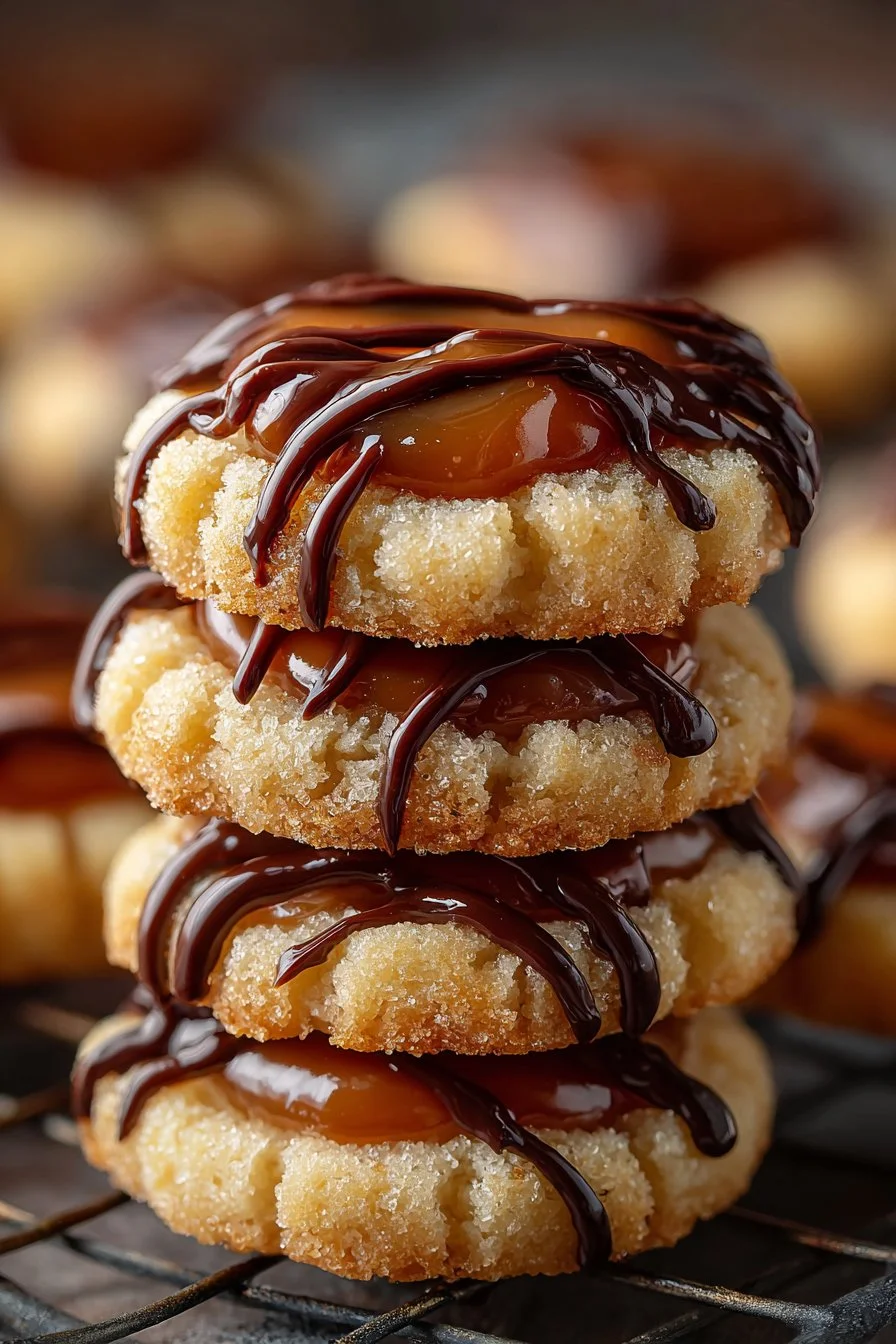 Delicious Twix thumbprint cookies topped with caramel and chocolate