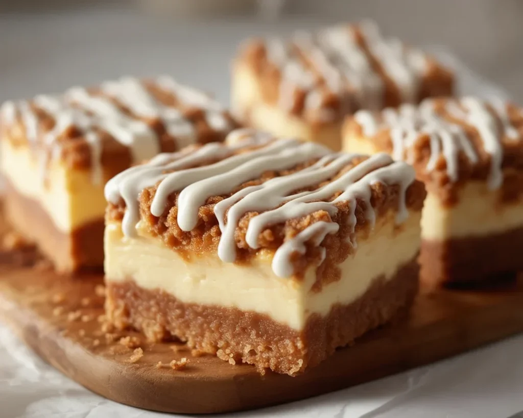 Delicious Cinnamon Roll Bliss Bars topped with vanilla-cinnamon cream cheese frosting