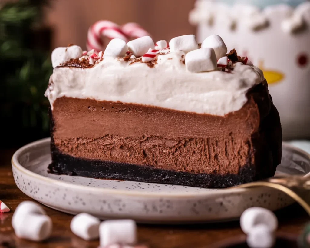 Delicious Hot Chocolate Cheesecake with Oreo crust and marshmallow topping.