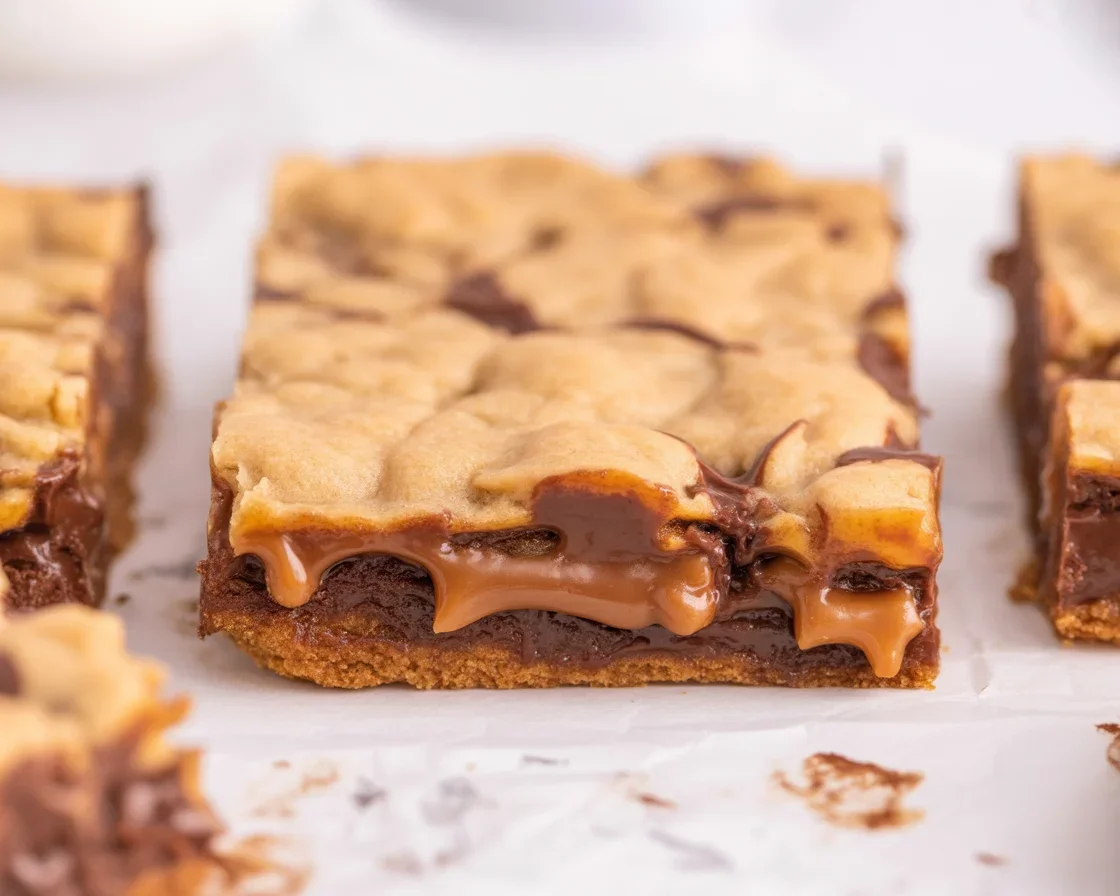 Delicious Knock You Naked Bars with layers of caramel and chocolate brownies.