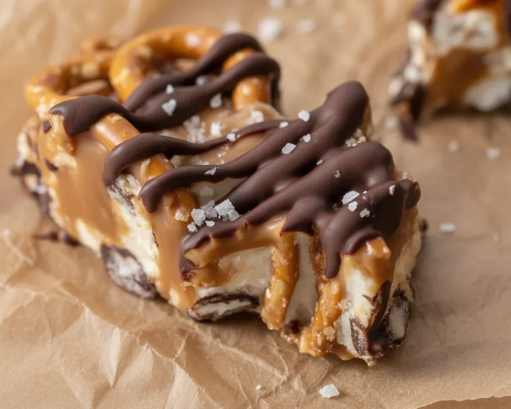 Delicious Salted Caramel Pretzel Bark topped with sea salt