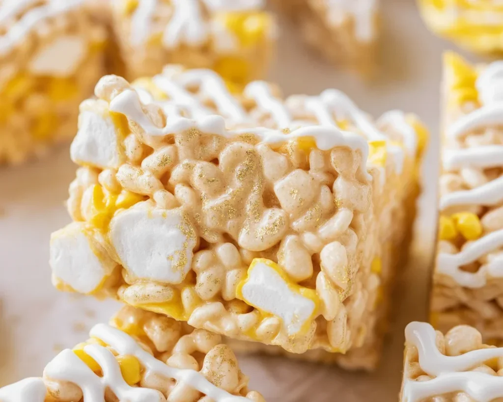Lemon Rice Krispy Treats with a vibrant lemon flavor and marshmallow topping.