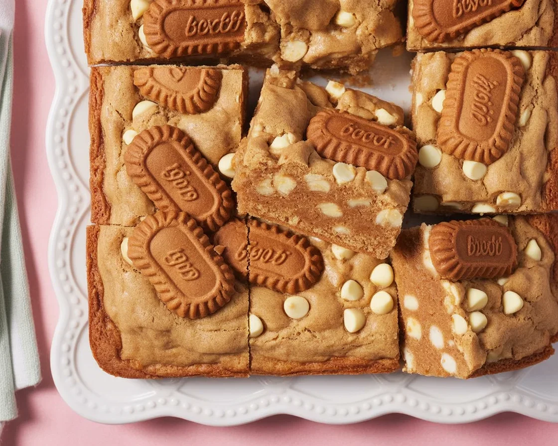 Decadent Biscoff Blondies with cookie butter, crunchy Biscoff cookies, and white chocolate.