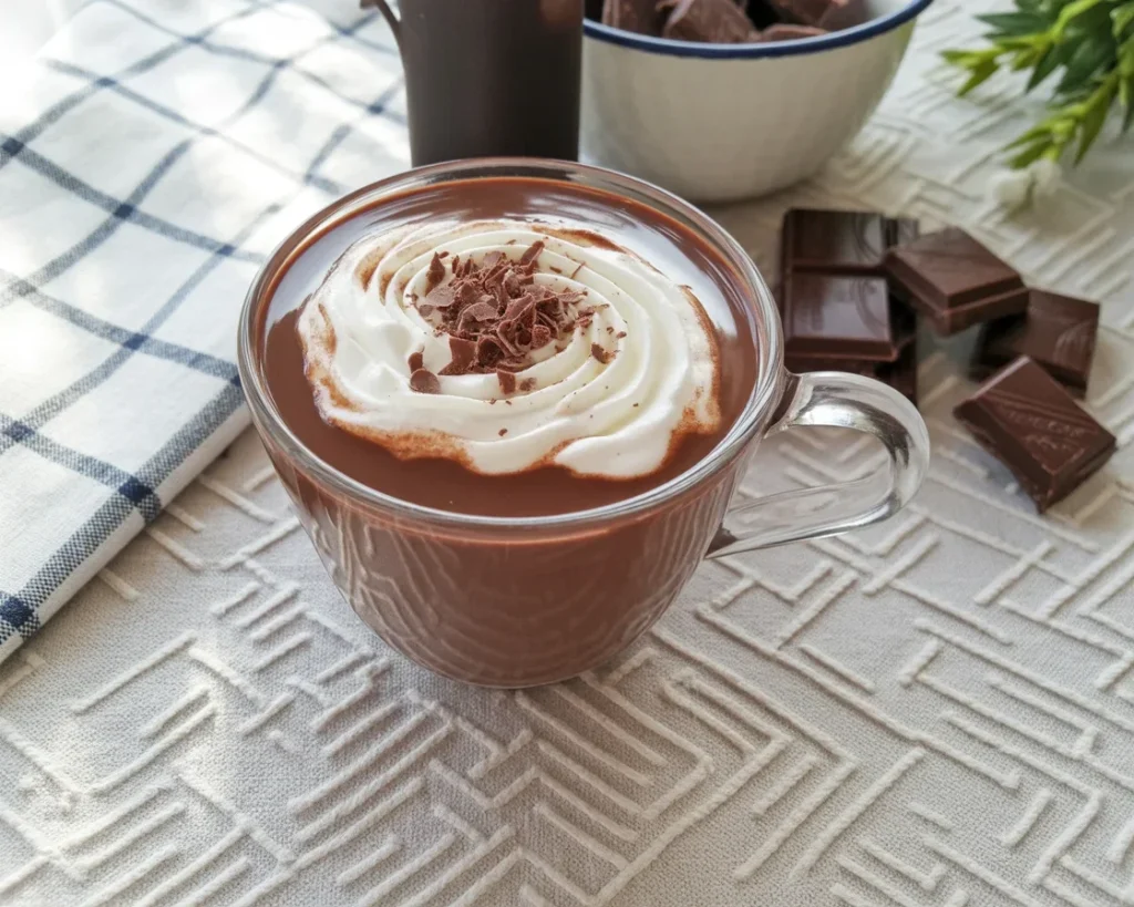 A cup of rich, thick French Hot Chocolate (Chocolat Chaud) topped with whipped cream.