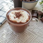 A cup of rich, thick French Hot Chocolate (Chocolat Chaud) topped with whipped cream.