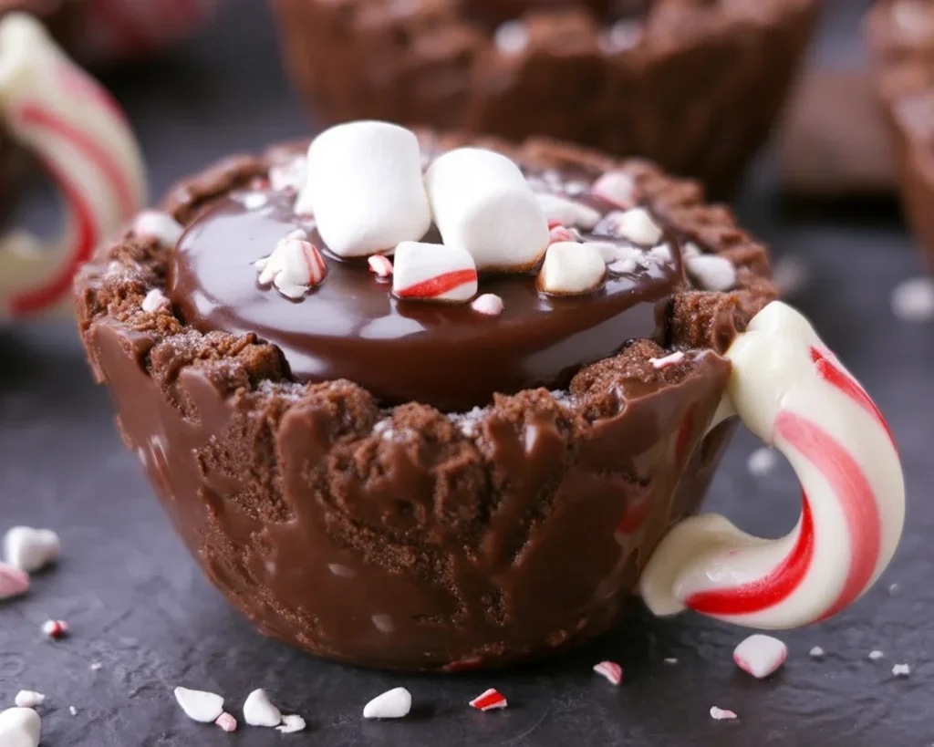 Chocolate Peppermint Cookie Cups filled with creamy cheesecake filling and candy canes.