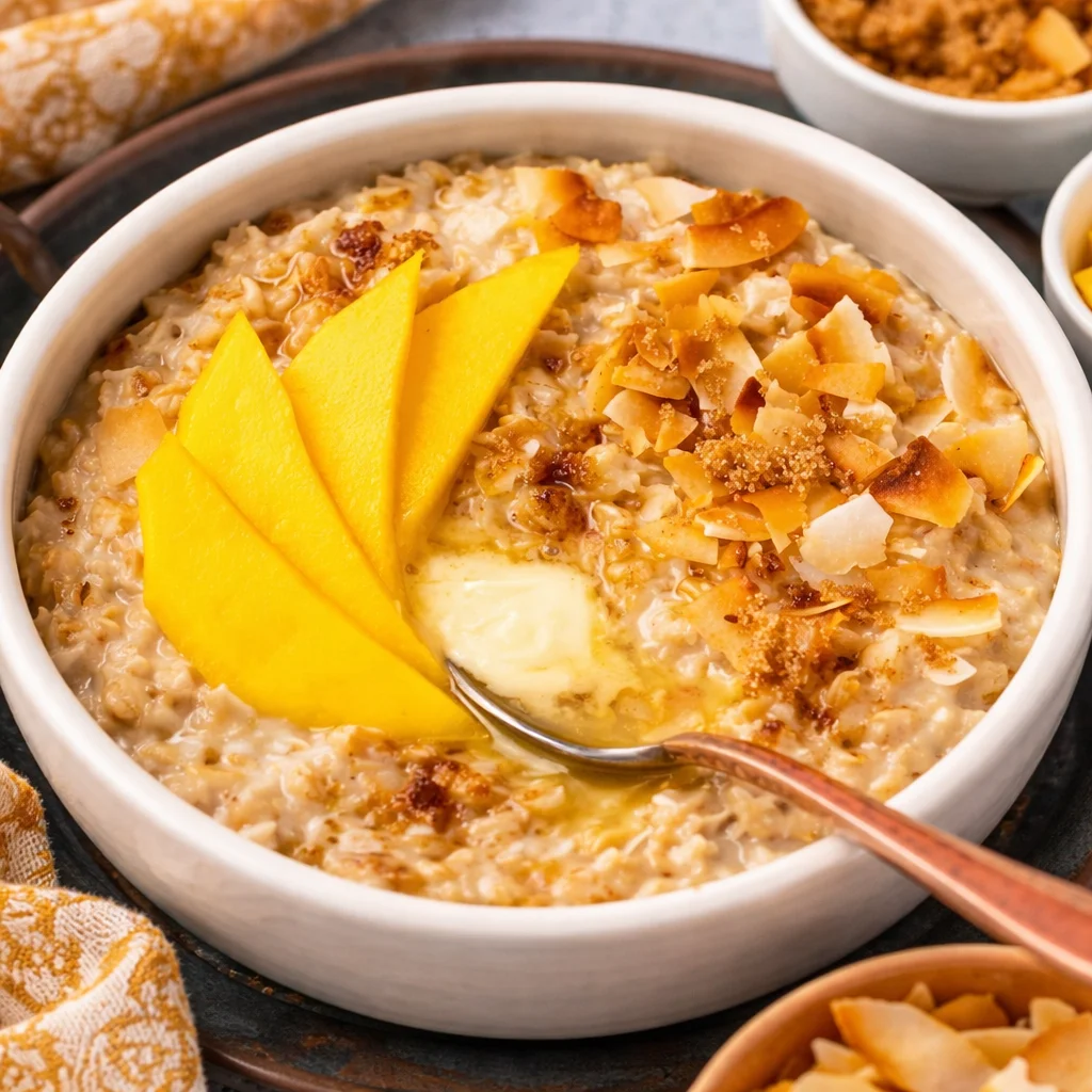 Creamy Coconut Oatmeal topped with coconut flakes, a delicious vegan breakfast dish.