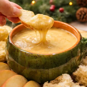 Homemade Copycat Melting Pot Cheese Fondue with cheddar and Emmental cheeses.