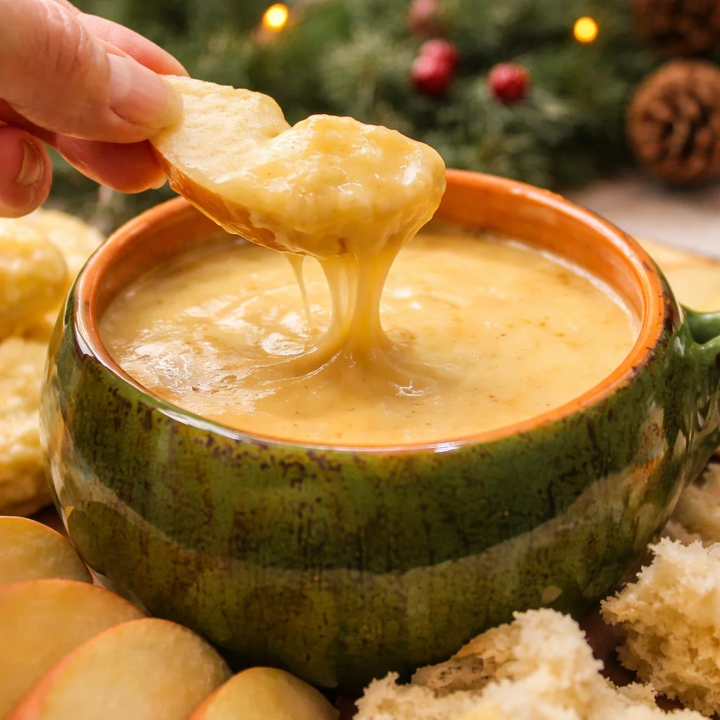 Homemade Copycat Melting Pot Cheese Fondue with cheddar and Emmental cheeses.