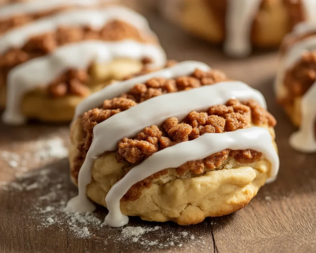 Delicious Gilmore Girls Coffee Cake Cookies topped with streusel and icing on a plate.