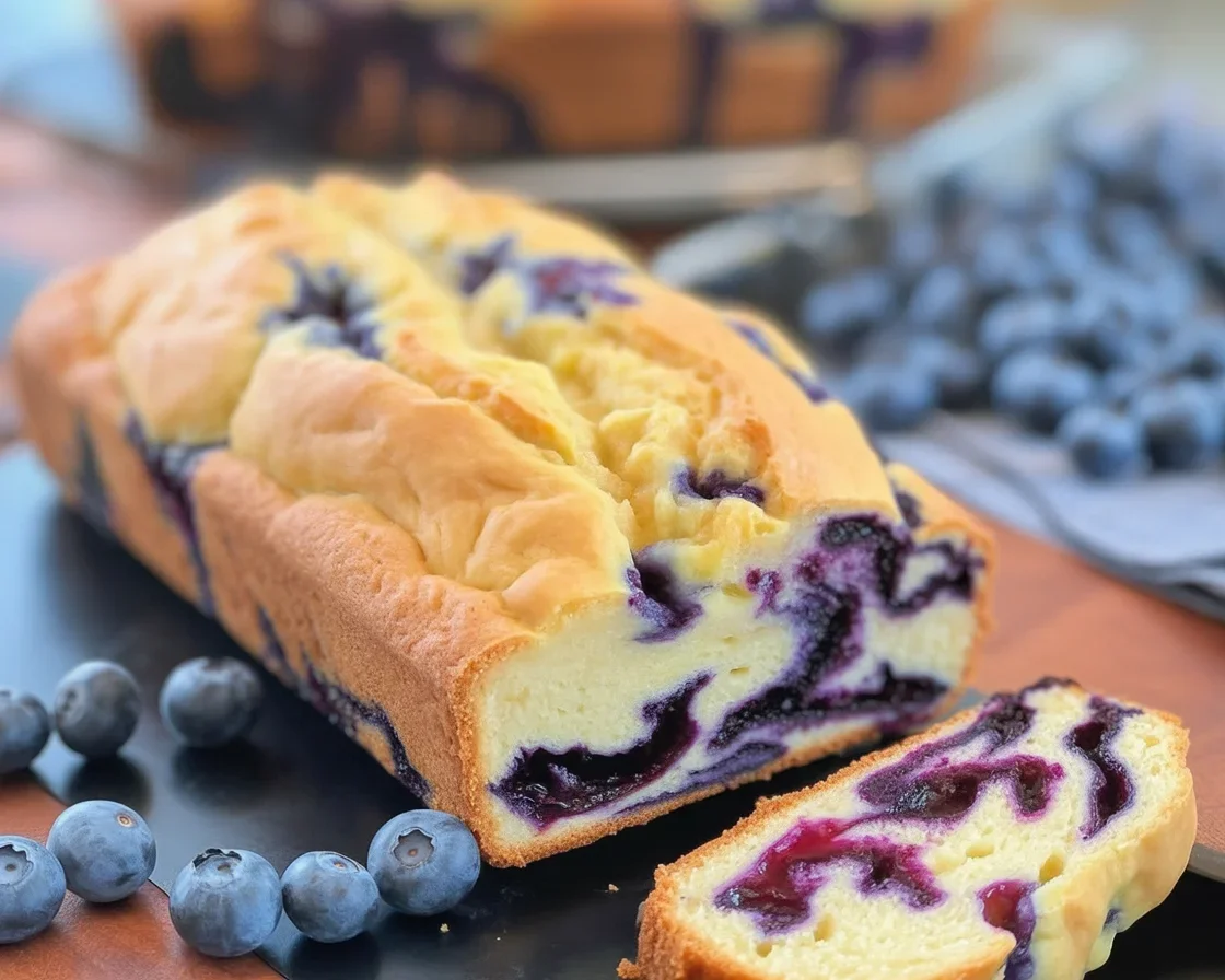 Blueberry Cream Cheese Bread with juicy blueberries and creamy filling on a rustic table.