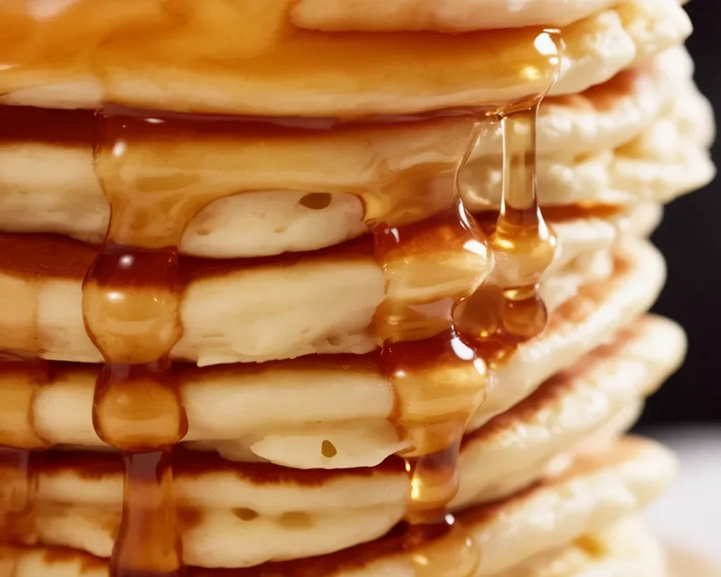 A stack of fluffy pancakes topped with syrup and berries, ready to serve.