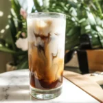 Iced Dirty Chai Latte with espresso, chai, and ice in a tall glass.