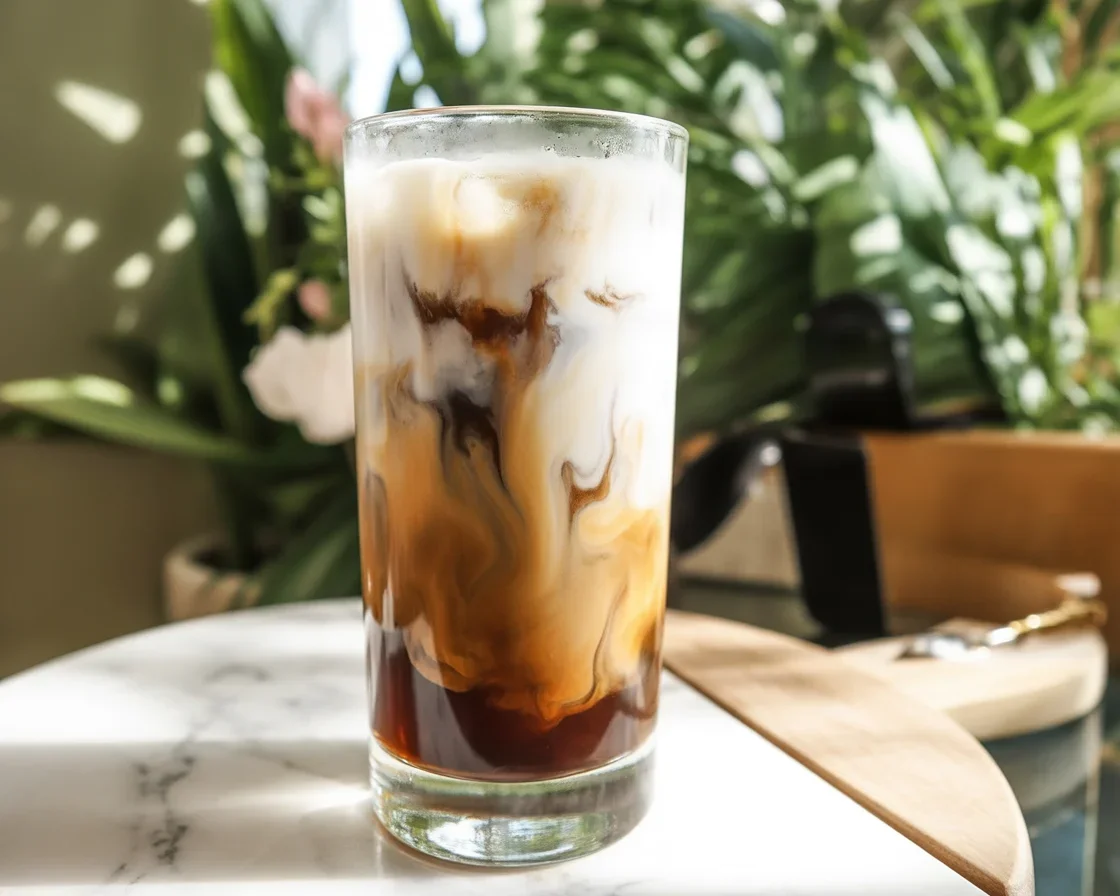 Iced Dirty Chai Latte with espresso, chai, and ice in a tall glass.