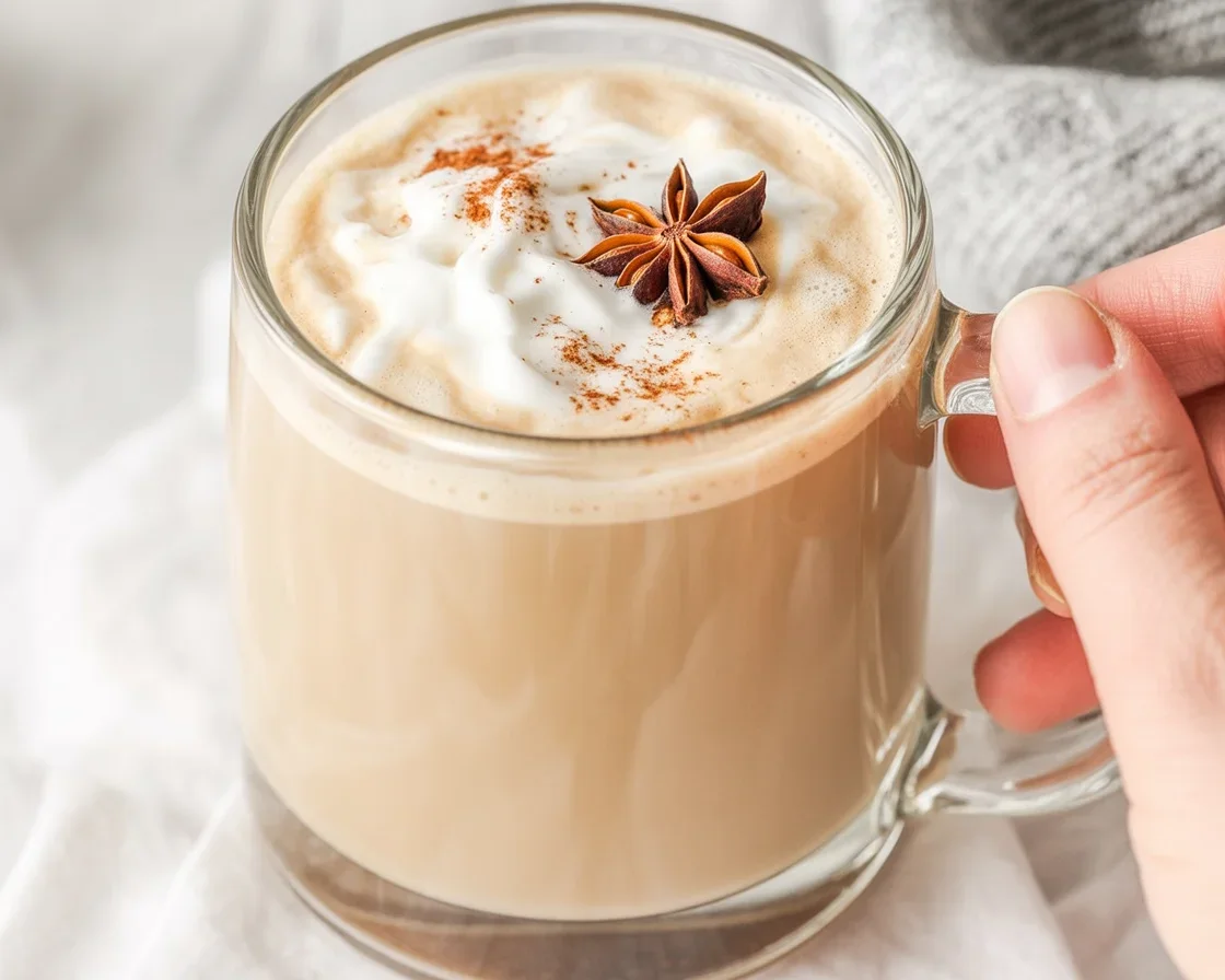 A delicious homemade chai tea latte with spices and creamy milk in a glass