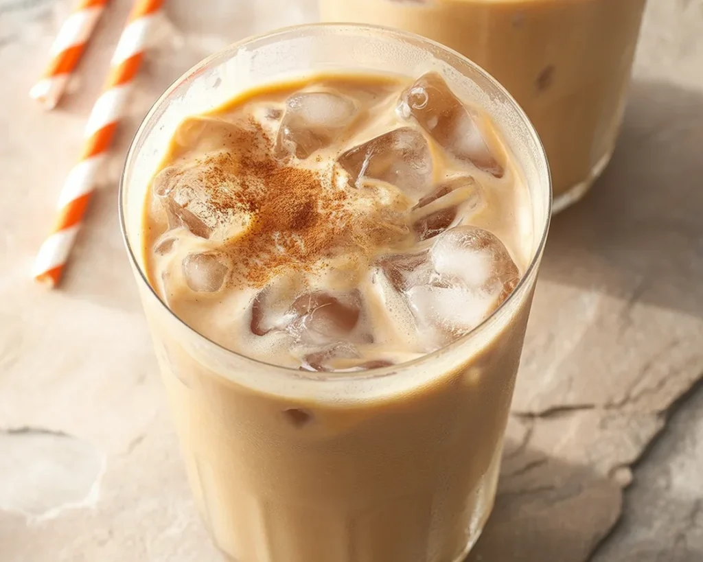 Starbucks Iced Pumpkin Cream Chai Latte topped with pumpkin cold foam and spices