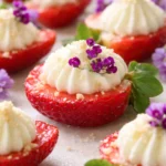 Deviled Strawberries filled with cheesecake and topped with graham cracker crumbs