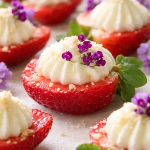 Deviled Strawberries filled with cheesecake and topped with graham cracker crumbs