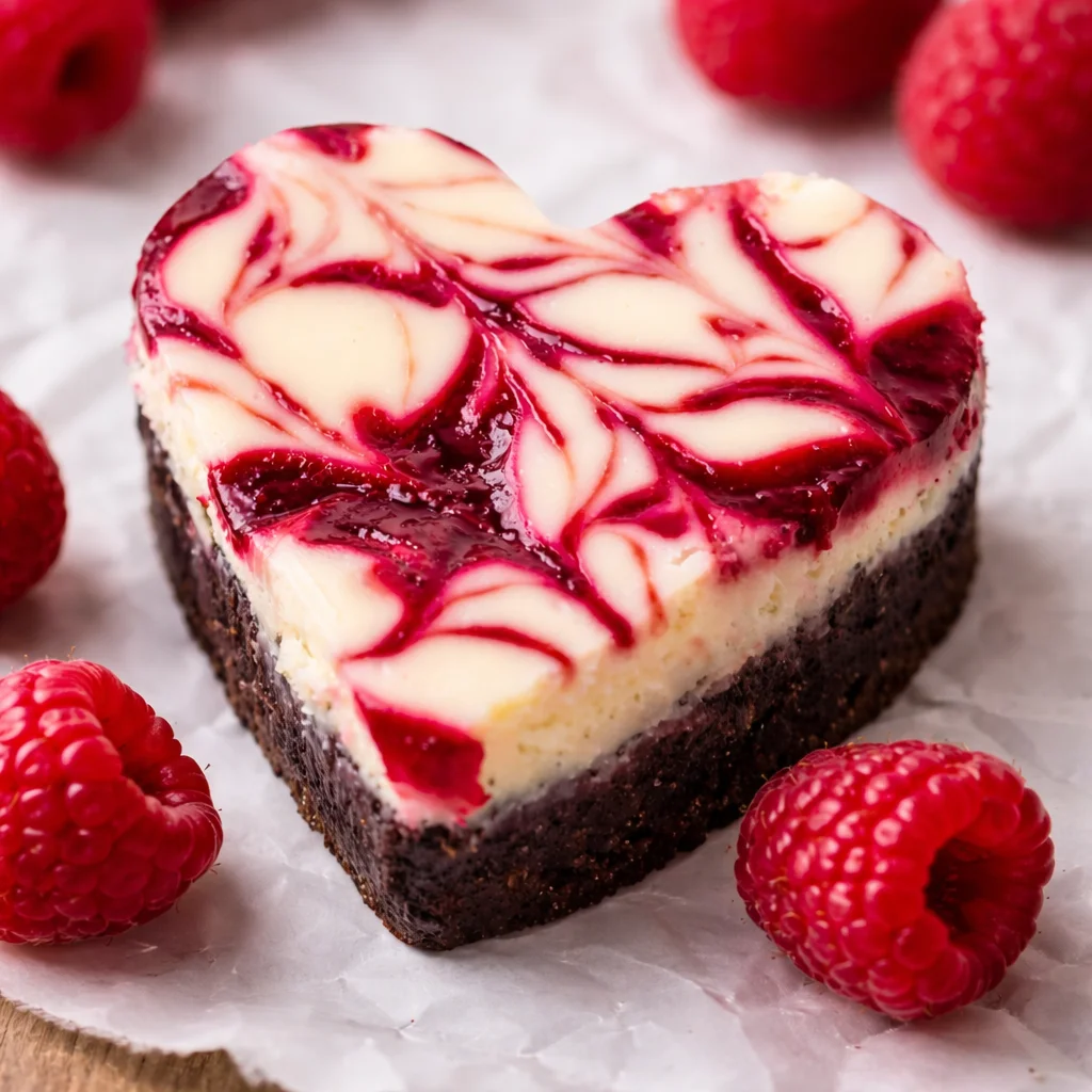 Heart shaped brownies with raspberry swirl and cream cheese topping