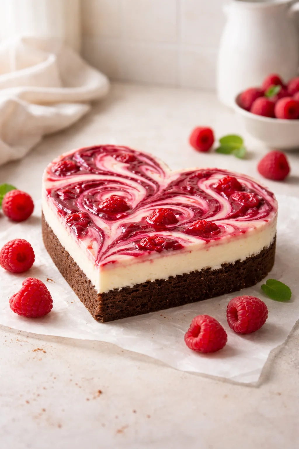Delicious Heart Shaped Brownies with Raspberry Swirl & Cheesecake