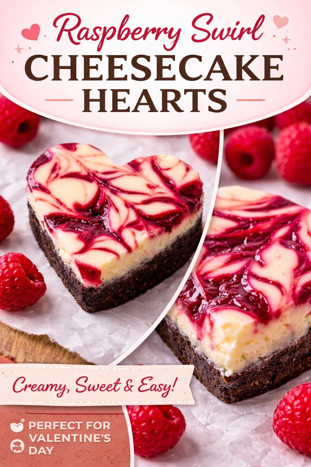 Delicious Heart Shaped Brownies with Raspberry Swirl & Cheesecake