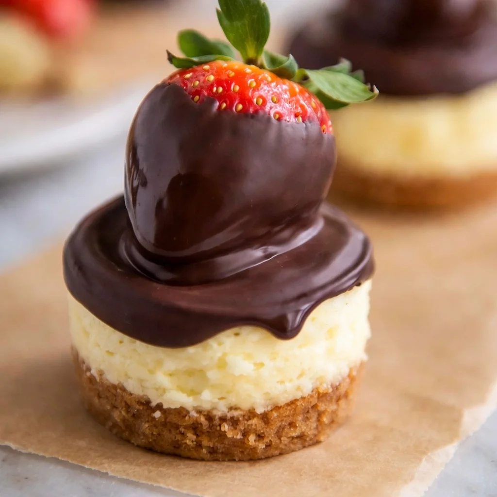 Mini Cheesecakes topped with Chocolate Covered Strawberries for a delicious treat.