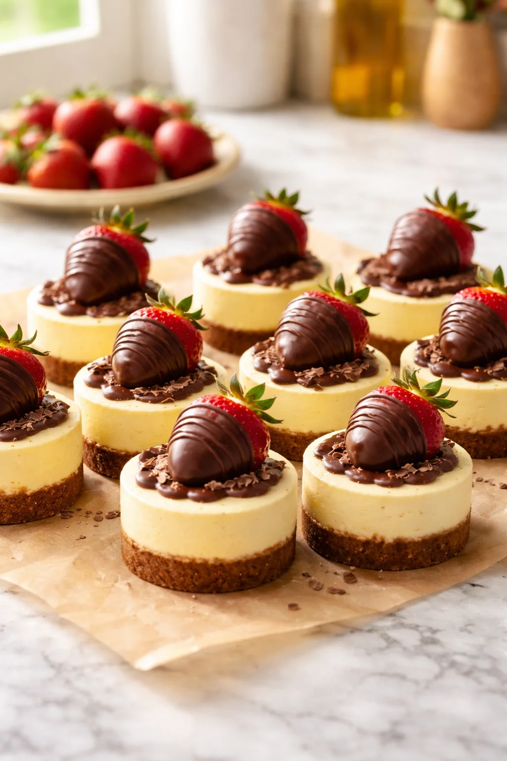 Mini Cheesecakes Topped with Chocolate Covered Strawberries