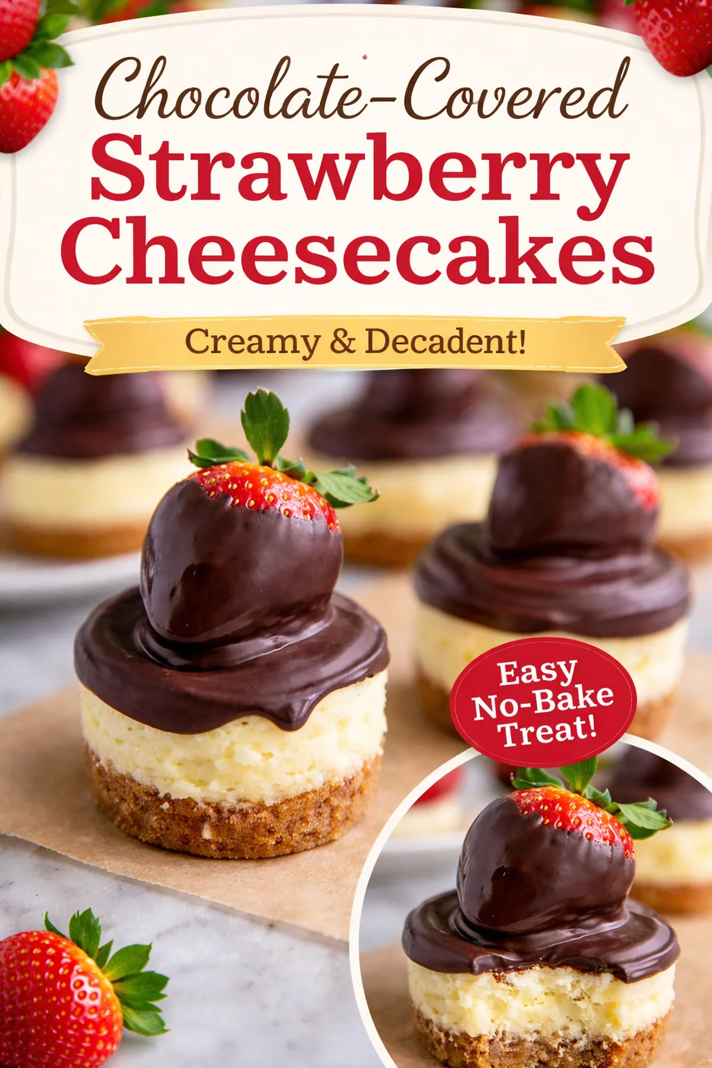 Delicious Mini Cheesecakes Topped with Chocolate Covered Strawberries