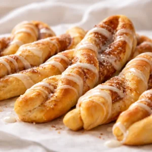 Freshly baked Cinnamon Twists on a baking sheet, golden and delicious.