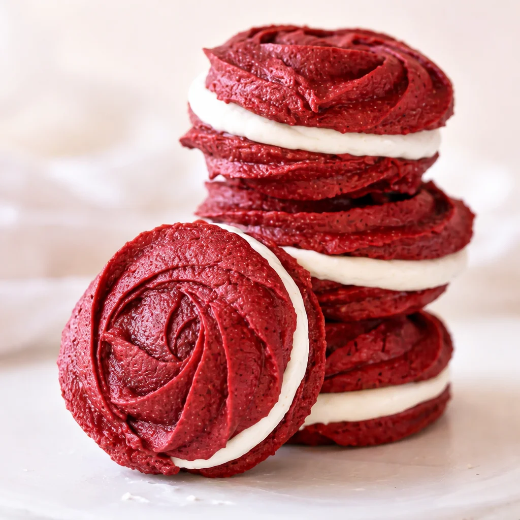 Delicious Red Velvet Rose Sandwich Cookies with creamy filling, ideal for Valentine's Day.
