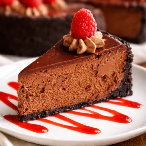 Decadent best chocolate cheesecake topped with ganache and whipped cream.