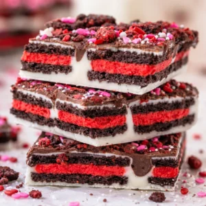 Valentine's Day Oreo Cookie Bark with Oreos, white chocolate, and colorful sprinkles.