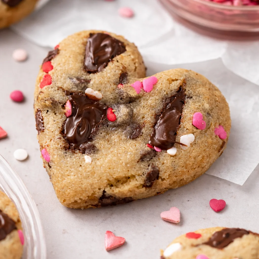 Heart Shaped Chocolate Chip Cookies freshly baked and ready for Valentine's Day.