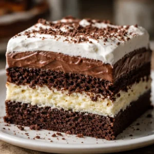 Delicious layered Italian Love Cake featuring chocolate cake and creamy ricotta topping.
