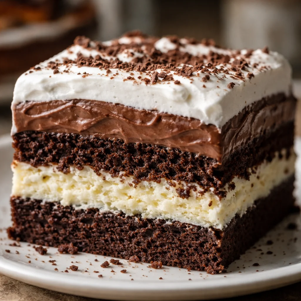 Delicious layered Italian Love Cake featuring chocolate cake and creamy ricotta topping.