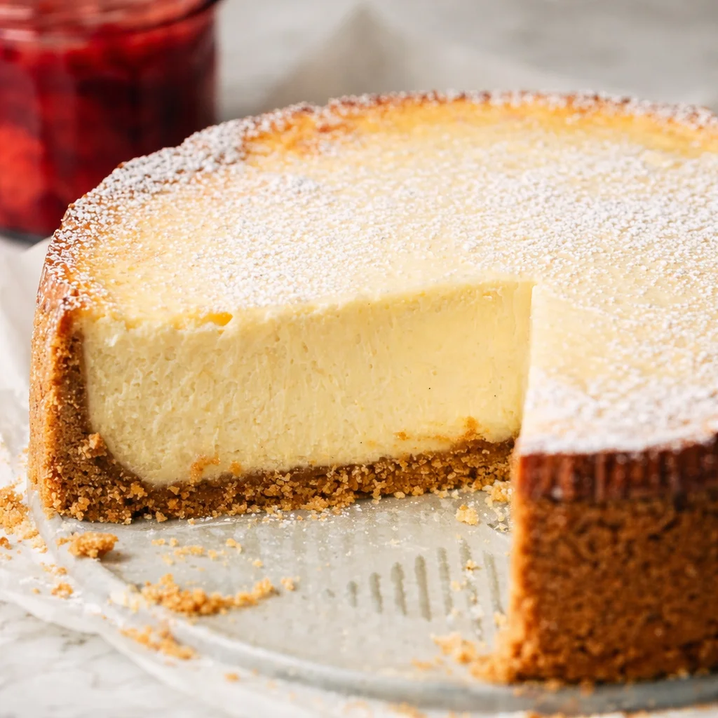 Delicious slice of rich and creamy New York Cheesecake topped with fresh strawberries.