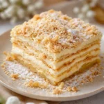 A slice of Russian Napoleon Cake showcasing flaky puff pastry layers and rich pastry cream.