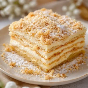 A slice of Russian Napoleon Cake showcasing flaky puff pastry layers and rich pastry cream.